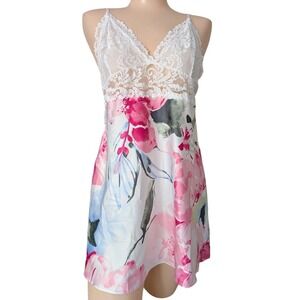 Floral‎ Babydoll Slip Dress Large Lace Satin Y2K Coquette Whimsical Dainty Fairy